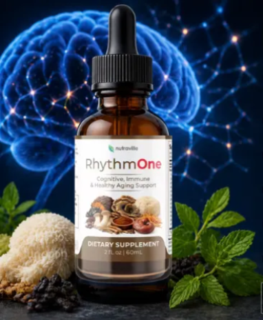 RhythmONE shown as a blend of natural ingredients that may help support memory, focus, and cognitive wellness with daily use