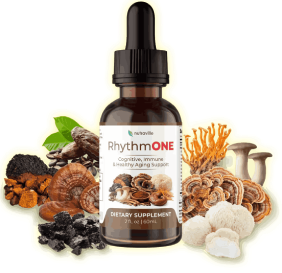 RhythmONE liquid memory support supplement bottle for cognitive wellness and healthy aging
