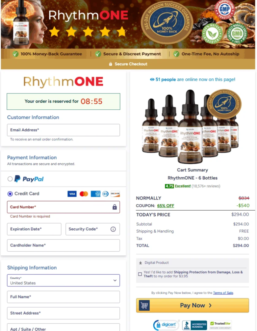 RhythmONE secure checkout page showing encrypted payment process and safe order protection for customers